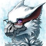  1:1 2020 abstract_background anthro beak capcom conditional_dnp digital_media_(artwork) eyewear flying_wyvern fur glasses grey_beak headshot_portrait lunara_(ghillieofthemist) monster_hunter nargacuga portrait purple_eyes ratte red_body red_skin solo video_games white_body white_fur 