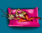  absurd_res anthro asesimio bottomless bra breasts clothed clothing disney female gazelle_(zootopia) hair hair_over_eye hi_res legwear lingerie looking_at_viewer lying navel nipple_outline on_back one_eye_obstructed seductive skimpy solo thigh_highs underwear zootopia 