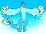  4:3 absurd_res anthro blue_body cloud dragon feathered_wings feathers featureless_crotch flying hi_res horn kitsunekit looking_at_viewer male muscular muscular_male nude outside product7677 scalie sky solo teeth white_body white_feathers wings 