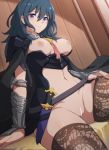  1girl alternate_legwear bar_censor blue_eyes blue_hair breasts breasts_outside byleth_(fire_emblem) byleth_(fire_emblem)_(female) censored closed_mouth dagger fire_emblem fire_emblem:_three_houses highres medium_breasts navel nipples sheath sheathed sitting sollyz solo thighhighs weapon 