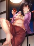  1girl alcohol bare_legs blush bow bowtie breasts brown_hair collared_shirt commentary_request cup feet full_moon grey_eyes highres houraisan_kaguya indoors large_breasts leaning_back leg_up legs long_hair midriff moon navel night night_sky no_bra open_clothes open_shirt pink_shirt red_skirt sabujiroko sakazuki sake shirt skirt sky smile solo spilling star_(sky) starry_sky touhou white_bow 