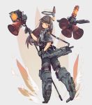  1girl absurdres assault_rifle blush brown_eyes brown_hair closed_mouth commentary earphones english_commentary gloves grey_background grey_gloves grey_jacket grey_shorts gun hair_ornament halo highres holding jacket long_hair looking_at_viewer looking_back megaphone metal_boots nogchasaeg_(karon2848) original rifle short_sleeves shorts solo spotlight standing weapon x_hair_ornament 