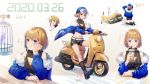  aqua_eyes blush braids brown_hair drink hat ji_dao_ji motorcycle navel original short_hair shorts 