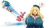  2016 ? anthro atago_(kancolle) big_breasts black_eyes blonde_hair blue_body blue_clothing blue_fur blue_topwear blush breasts classic_sonic classic_sonic_(universe) clothing crossover duo eulipotyphlan eyes_closed female fist footwear fur gloves hair handwear hedgehog huge_breasts human japanese_text kantai_collection male mammal open_mouth open_smile poro586 shoes smile sonic_the_hedgehog sonic_the_hedgehog_(series) text topwear video_games 