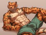  2020 5_fingers abs anthro arm_tuft beastars biceps bill_(beastars) biped body_hair bottomwear bulge chest_tuft claws clothed clothing eggubboyo elbow_tufts felid fingers fist fur happy_trail lying male mammal manly multicolored_body multicolored_fur muscular muscular_arms muscular_legs muscular_male navel nipples orange_body orange_fur pantherine partially_clothed pecs pubes shorts simple_background solo striped_body striped_fur stripes tiger topless triceps tuft 