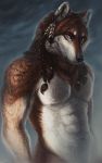  2020 abs anthro biped black_eyebrows black_hair black_nose blue_eyes braided_hair brown_body brown_fur canid canine canis digital_media_(artwork) digital_painting_(artwork) ear_piercing eyebrows front_view fur hair half-length_portrait long_hair looking_at_viewer loose_feather male mammal miles_(miles-wolf) multicolored_body multicolored_fur muscular muscular_male nude pecs piercing portrait safiru solo standing two_tone_body two_tone_fur white_body white_fur wolf 