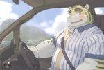  2020 anthro belly blush car chocobibear clothing detailed_background driving felid humanoid_hands kemono male mammal overweight overweight_male pantherine pink_nose shirt sitting solo tiger topwear vehicle 