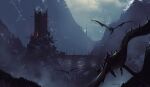  3others absurdres bridge cirith_ungol cloud cloudy_sky commentary creature english_commentary fellbeast flying forest from_behind highres kalmahul legendarium mountain multiple_others nature nazgul outdoors riding ruins scenery sky snow stairs the_lord_of_the_rings tower tree wings 