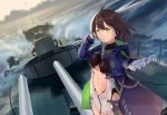  1girl ahoge arm_behind_head azur_lane baltimore_(azur_lane) bangs blue_coat breasts brown_hair center_opening chain closed_mouth cloud coat commentary gloves green_eyes hooded_coat large_breasts looking_at_viewer midriff_cutout multicolored_coat navel ocean open_clothes open_coat outstretched_hand ship short_hair sky sun touch_fish_dumplings turret underboob_cutout water watercraft waves white_gloves 