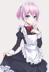  1girl alternate_costume apron black_dress blue_eyes blush bow bowtie cowboy_shot dress enmaided fingernails grey_background hair_between_eyes hikobae juliet_sleeves kantai_collection long_sleeves maid maid_apron maid_dress maid_headdress pink_hair puffy_sleeves red_bow red_neckwear shiranui_(kantai_collection) short_hair simple_background smile solo 