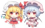  2girls ascot bangs banned_artist bat_wings blonde_hair blue_hair blush bow bowtie chibi commentary_request crystal cup dish dress eyebrows_visible_through_hair fang fang_out flandre_scarlet full_body hajin hat hat_bow hat_ribbon holding holding_cup laevatein long_hair looking_at_viewer miniskirt mob_cap multiple_girls one_side_up petticoat pink_dress pink_headwear puffy_short_sleeves puffy_sleeves red_bow red_eyes red_footwear red_neckwear red_ribbon red_skirt red_vest remilia_scarlet ribbon shirt shoes short_hair short_sleeves siblings simple_background sisters skirt smile socks standing teacup touhou vest white_background white_headwear white_legwear white_shirt wings yellow_neckwear 