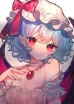  1girl bare_shoulders bat_wings blue_hair chikuwa_(tikuwaumai_) hat hat_ribbon highres jewelry mob_cap pendant pointy_ears red_eyes remilia_scarlet ribbon short_hair solo the_embodiment_of_scarlet_devil touhou wings 
