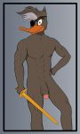  abs anatid anseriform anthro avian bird duck duke_l&#039;orange eye_patch eyewear full_frontal genitals humanoid_genitalia humanoid_penis male melee_weapon mighty_ducks muscular nude penis puck-the-buck sword weapon 