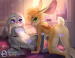 2020 all_fours anthro ash_bunny_(skeleion) bed bedroom butt censored cheek_tuft disney duo facial_tuft female female/female fur furniture green_eyes grey_body grey_fur head_tuft inside judy_hopps lagomorph leporid light lighting looking_at_viewer looking_back lying mammal navel nude on_back on_bed purple_eyes rabbit skeleion tuft window yellow_body yellow_fur zootopia 