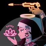  1girl appi black_nails bullet commentary_request earrings extra_arms flower glowing gun halo holding holding_gun holding_weapon jewelry neon_lights original pink_flower portrait profile smile solo tassel_earrings weapon 
