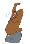  2020 anthro belly body_hair bottomwear brown_body brown_fur clothed clothing eyes_closed fur happy_trail hi_res male mammal moobs navel nipples open_mouth overweight overweight_male pabloalderfox pants raised_arm simple_background solo stretching teeth tongue topless ursid white_background 