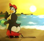 2020 absurd_res accidental_exposure anthro assisted_exposure avian beach beak bird bottomwear butt clothed clothing detailed_background digital_media_(artwork) embarrassed hi_res kona_penguin male mascot nude outside overweight overweight_male penguin sand seaside sky solo swimwear sylvanedadeer torn_clothing wardrobe_malfunction water 
