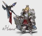  1girl absurdres armor bangs blonde_hair boots breastplate crown dot_nose english_text faulds full_armor full_body gauntlets greaves grey_background halberd hashtag highres holding holding_weapon looking_at_viewer nogchasaeg_(karon2848) original parted_bangs pauldrons plume polearm purple_eyes shield short_hair simple_background sketch smile solo standing weapon white_background 