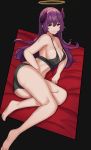  1girl absurdres bangs breasts closed_mouth commission demon_horns hair_between_eyes halo highres horns kanta_(kanta_077) large_breasts long_hair looking_at_viewer lying off_shoulder on_side original purple_eyes purple_hair solo tearing_up tears underwear underwear_only 