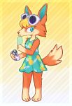  2020 animal_crossing anthro audie_(animal_crossing) blue_eyes blush canid canine canis clothed clothing eyewear female food fur hair hi_res looking_at_viewer mammal nintendo popsicle simple_background solo sunglasses video_games wolf 