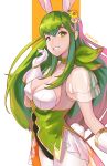  1girl animal_ears breasts bunny_ears bunny_tail cleavage fake_animal_ears fake_tail fire_emblem fire_emblem:_mystery_of_the_emblem fire_emblem_heroes gloves green_eyes green_hair highres long_hair palla_(fire_emblem) see-through_sleeves simple_background solo spiffydc tail twitter_username white_gloves 