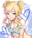  1girl artist_request bangs bare_shoulders bikini blonde_hair blue_bikini blue_eyes blue_flower blush breasts cleavage collarbone commentary_request double_bun earrings eyebrows_visible_through_hair flower hair_flower hair_ornament highres idolmaster idolmaster_cinderella_girls idolmaster_cinderella_girls_starlight_stage jewelry long_hair looking_at_viewer medium_breasts ootsuki_yui smile solo swimsuit white_flower 