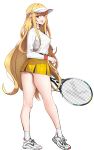  1girl absurdres blonde_hair blush breasts eyebrows_visible_through_hair fang full_body highres holding_racket k_pring large_breasts long_hair looking_at_viewer open_mouth original racket red_eyes shoes skirt smile sneakers socks solo tennis_racket upper_teeth very_long_hair white_footwear white_legwear yellow_skirt 