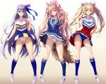  3girls ahoge alternate_costume animal_ear_fluff animal_ears arm_up armpits ass_visible_through_thighs bangs bare_shoulders blonde_hair blue_dress blue_eyes blue_legwear blue_panties blue_ribbon blush breasts cheerleader closed_mouth clothes_writing collarbone commentary_request dress fate/extra fate/extra_ccc fate_(series) fist_pump fox_ears fox_girl fox_tail fukuda_shuushi full_body green_eyes hair_between_eyes hair_intakes hair_ribbon hand_in_hair hand_on_hip highres kneehighs large_breasts long_hair looking_at_viewer meltryllis multiple_girls nero_claudius_(fate) nero_claudius_(fate)_(all) open_mouth panties parted_lips pink_hair purple_hair red_skirt ribbon shirt shoes simple_background skirt sky sleeveless sleeveless_shirt small_breasts smile sneakers tail tamamo_(fate)_(all) tamamo_no_mae_(fate) thighs tied_hair twintails underwear upskirt very_long_hair white_background white_footwear white_panties wind wind_lift yellow_eyes 