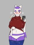  3:4 anthro blush bodily_fluids breasts cellphone clothing female genital_fluids genitals hi_res mienshao nintendo phone pok&eacute;mon pok&eacute;mon_(species) pussy pussy_juice sapphire_(anglo) simple_background solo video_games wbnsfwfactory 