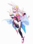  1girl animal_ears black_gloves bunny_ears corrin_(fire_emblem) corrin_(fire_emblem)_(female) easter_egg egg fake_animal_ears fire_emblem fire_emblem_fates fire_emblem_heroes full_body gloves highres hiyori_(rindou66) long_hair open_mouth pointy_ears red_eyes simple_background solo twitter_username white_background white_hair 