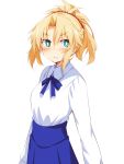 1girl alternate_costume artoria_pendragon_(all) bangs blonde_hair blue_ribbon blue_skirt blush braid breasts chata_maru_(irori_sabou) commentary_request cosplay eyebrows_visible_through_hair fate/grand_order fate_(series) frown green_eyes highres long_hair long_skirt long_sleeves looking_at_viewer medium_breasts mordred_(fate) mordred_(fate)_(all) ponytail red_scrunchie ribbon saber saber_(cosplay) scrunchie shirt simple_background skirt solo white_background white_shirt 