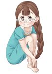  1girl barefoot blue_dress braid brown_hair dress easy_(aqk7bdqt) full_body glasses long_hair looking_at_viewer short_sleeves simple_background sitting smile solo tokedase!_mizorechan very_long_hair white_background yakumo_(tokedase!_mizorechan) 