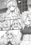  5girls azur_lane belfast_(azur_lane) blush braid breasts cleavage collarbone edinburgh_(azur_lane) elbow_gloves eyebrows_visible_through_hair glasses gloves greyscale hair_over_one_eye highres kent_(azur_lane) large_breasts long_hair looking_at_another maid_headdress monochrome multiple_girls novel_illustration one_eye_closed open_mouth parted_lips raiou round_eyewear sheffield_(azur_lane) short_hair smile suffolk_(azur_lane) 