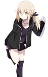  1girl artoria_pendragon_(all) bangs belt black_jacket black_legwear black_shirt black_shorts blonde_hair boots breasts chata_maru_(irori_sabou) collarbone commentary_request eyebrows_visible_through_hair fate/grand_order fate_(series) hair_ribbon highres jacket jet_black_king_of_knights_ver._shinjuku_1999 jewelry long_hair long_sleeves necklace ponytail ribbon saber_alter shirt short_shorts shorts simple_background solo thigh_boots thighhighs white_background white_belt yellow_eyes 