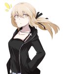  1girl artoria_pendragon_(all) bangs belt black_jacket black_shirt blonde_hair breasts chata_maru_(irori_sabou) collarbone commentary_request eyebrows_visible_through_hair fate/grand_order fate_(series) hair_ribbon highres jacket jet_black_king_of_knights_ver._shinjuku_1999 jewelry long_hair looking_at_viewer necklace ponytail ribbon saber_alter shirt simple_background solo white_background white_belt yellow_eyes 