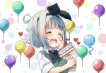  1girl :3 :d ^_^ balloon bangs black_bow black_hairband black_neckwear black_ribbon blunt_bangs blush bow bowtie cake closed_eyes collared_shirt commentary_request drooling eyebrows_visible_through_hair food fork fruit green_vest hair_ribbon hairband hand_on_own_cheek heart highres holding holding_fork konpaku_youmu konpaku_youmu_(ghost) multicolored multicolored_background open_mouth pegashi ribbon shirt short_hair short_sleeves silver_hair slice_of_cake smile solo sparkle strawberry touhou upper_body vest white_shirt wing_collar 