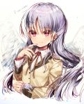  1girl angel_beats! angel_wings anniversary blazer chi_no jacket long_hair looking_at_viewer red_eyes school_uniform silver_hair simple_background solo tenshi_(angel_beats!) upper_body white_background white_wings wings yellow_eyes 
