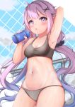  1girl alternate_costume arms_up azur_lane bare_shoulders blue_sky blush bottle breasts chain-link_fence cloud commentary_request eyebrows_visible_through_hair fence gradient_hair hair_bun hair_ornament hair_ribbon highres long_hair looking_at_viewer minertime multicolored_hair navel purple_eyes purple_hair ribbon side_bun sky small_breasts solo sports_bra sportswear unicorn_(azur_lane) very_long_hair water_bottle water_drop x_hair_ornament 