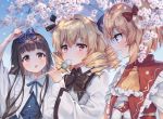  3girls arm_up ascot bangs banned_artist beret black_bow black_hair black_neckwear black_ribbon blonde_hair blue_bow blue_dress blue_eyes blue_neckwear blue_ribbon blue_sky blush bow bowtie brown_eyes cherry_blossoms dango dress drill_hair eyebrows_visible_through_hair food frilled_ascot frilled_shirt_collar frills hair_between_eyes hair_bow hair_intakes hajin hand_up hat hat_ribbon headdress holding holding_food juliet_sleeves long_hair long_sleeves looking_at_viewer luna_child multiple_girls neck_ribbon open_mouth outdoors profile puffy_sleeves red_bow red_eyes ribbon sanshoku_dango sky star_sapphire sunny_milk touhou upper_body wagashi white_dress white_headwear wide_sleeves wing_collar yellow_neckwear 