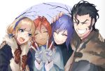  2boys 2girls alternate_costume balthus_(fire_emblem) black_hair blonde_hair blue_eyes blue_hairband brown_gloves closed_eyes closed_mouth coat constance_von_nuvelle dark_skin double_v earrings fire_emblem fire_emblem:_three_houses fur_trim gloves grin hairband hand_on_another&#039;s_head hapi_(fire_emblem) highres hot_dog_fe jewelry long_sleeves multicolored_hair multiple_boys multiple_girls open_mouth purple_hair red_hair short_hair smile upper_body v white_gloves yuri_(fire_emblem) 