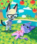  2020 animal_crossing anthro apple black_nose black_tail blonde_hair bob_(animal_crossing) bottomless brown_eyes clothed clothing day duo eyewear felid food fruit glasses green_eyes grey_body hair hands_on_hips heterochromia lying mammal nintendo noseless on_back open_mouth outside plant purple_body raymond_(animal_crossing) saurit smile speech_bubble topwear tree vest video_games yellow_sclera 
