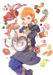  1girl annette_fantine_dominic blue_legwear bowl cake cupcake fire_emblem fire_emblem:_three_houses food fruit garreg_mach_monastery_uniform green_eyes hakou_(barasensou) highres holding holding_bowl long_sleeves macaron meat mixing mixing_bowl open_mouth orange_hair pear pudding sausage simple_background solo twintails uniform white_background 