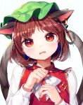  1girl animal_ears bangs blush bow bowtie brown_hair cat_ears cat_girl cat_tail chen commentary_request earrings ears_down extra_ears fang green_headwear gunjou_row hands_on_own_chest hat highres jewelry long_sleeves looking_at_viewer mob_cap multiple_tails parted_bangs parted_lips red_eyes short_hair simple_background slit_pupils solo tail tearing_up tears touhou twitter_username two_tails upper_body white_background white_bow white_neckwear 