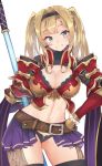  1girl armor belt black_legwear black_panties blonde_hair blue_eyes breastplate breasts cleavage cowboy_shot crop_top gold_trim granblue_fantasy grin hair_intakes hairband hand_on_hip large_breasts long_hair looking_at_viewer midriff miniskirt navel panties polearm purple_skirt shoulder_armor showgirl_skirt simple_background skirt smile solo spaulders stomach thighhighs thighs twintails underwear weapon white_background yuzuruka_(bougainvillea) zeta_(granblue_fantasy) 