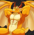  abs animal_genitalia anthro dragon genital_slit genitals hands_behind_head horn iriai_inasa male membrane_(anatomy) membranous_wings muscular nude ophion pecs red_eyes scalie slit solo spikes tokyo_afterschool_summoners video_games wing_spikes wings 