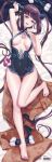  1girl absurdres arm_up armpits bangs bare_shoulders barefoot black_dress blue_eyes blunt_bangs blush breasts center_opening china_dress chinese_clothes covered_navel detached_sleeves dress fate/grand_order fate_(series) feet floral_print hair_ornament highres large_breasts leaf_hair_ornament legs long_hair looking_at_viewer lying mango_cat on_back open_mouth purple_hair revision side_slit sidelocks smile toes twintails very_long_hair yang_guifei_(fate/grand_order) 