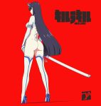  1girl ass black_eyes black_hair bodysuit boots breasts closed_mouth copyright_name eyebrows_visible_through_hair gloves high_heel_boots high_heels highres hime_cut holding holding_sword holding_weapon horns j_adsen junketsu kill_la_kill kiryuuin_satsuki large_breasts long_hair long_legs red_background revealing_clothes scabbard sheath signature simple_background solo sword tassel thick_eyebrows very_long_hair weapon white_gloves 