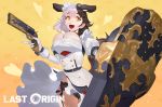  1girl absurdres animal_ears black_hair black_panties blush breasts brown_eyes cleavage copyright_name dog_ears garter_straps gloves grey_hair gun hachiko_of_castling highres holding holding_gun holding_weapon large_breasts last_origin long_sleeves looking_at_viewer multicolored_hair open_mouth panties short_hair smile sohn_woohyoung solo underwear upper_teeth weapon white_gloves 