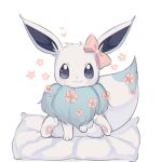  :3 alternate_color clarevoir closed_mouth commentary creature ear_ribbon eevee english_commentary flower full_body gen_1_pokemon looking_at_viewer lowres no_humans pillow pokemon pokemon_(creature) purple_eyes shiny_pokemon simple_background sitting smile solo white_background white_theme 