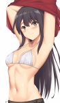  1girl arciealbano armpits arms_up bangs bikini_top black_eyes black_hair black_pants blush breasts collarbone commentary eyebrows_visible_through_hair hair_over_shoulder highres long_hair looking_at_viewer navel pants red_shirt senryuu_shoujo shirt sidelocks signature simple_background small_breasts smile solo underboob undressing upper_body white_background white_bikini_top yukishiro_nanako 